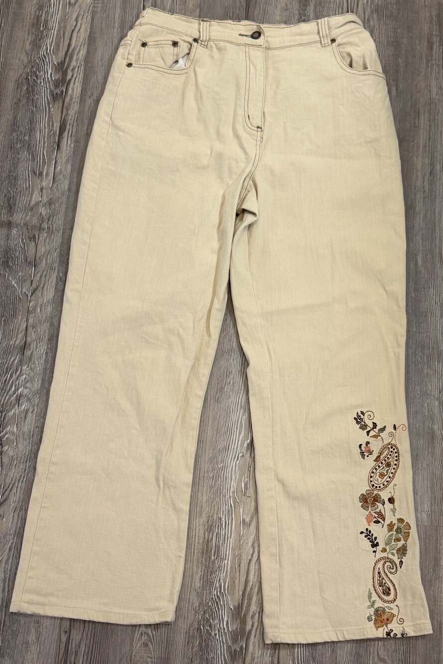 Denim & Co. Small Beige Embroidered Floral Paisley Cotton Spandex Pants